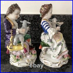 A Pair of German Sitzendorf Porcelain Figurines Boy & Girl With Lambs. VGC