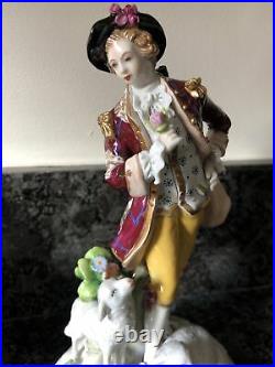 A Pair of German Sitzendorf Porcelain Figurines Lady & Man With Lambs & Dog. VGC