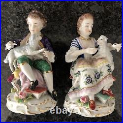 Sitzendorf Porcelain Figurines Boy & Girl With Lambs. VGC