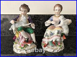 Sitzendorf Porcelain Figurines Boy & Girl With Lambs. VGC