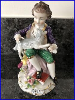 Sitzendorf Porcelain Figurines Boy & Girl With Lambs. VGC