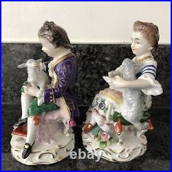 Sitzendorf Porcelain Figurines Boy & Girl With Lambs. VGC